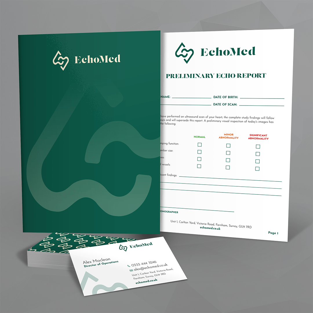 An illustration of an EchoMed report form and business cards.